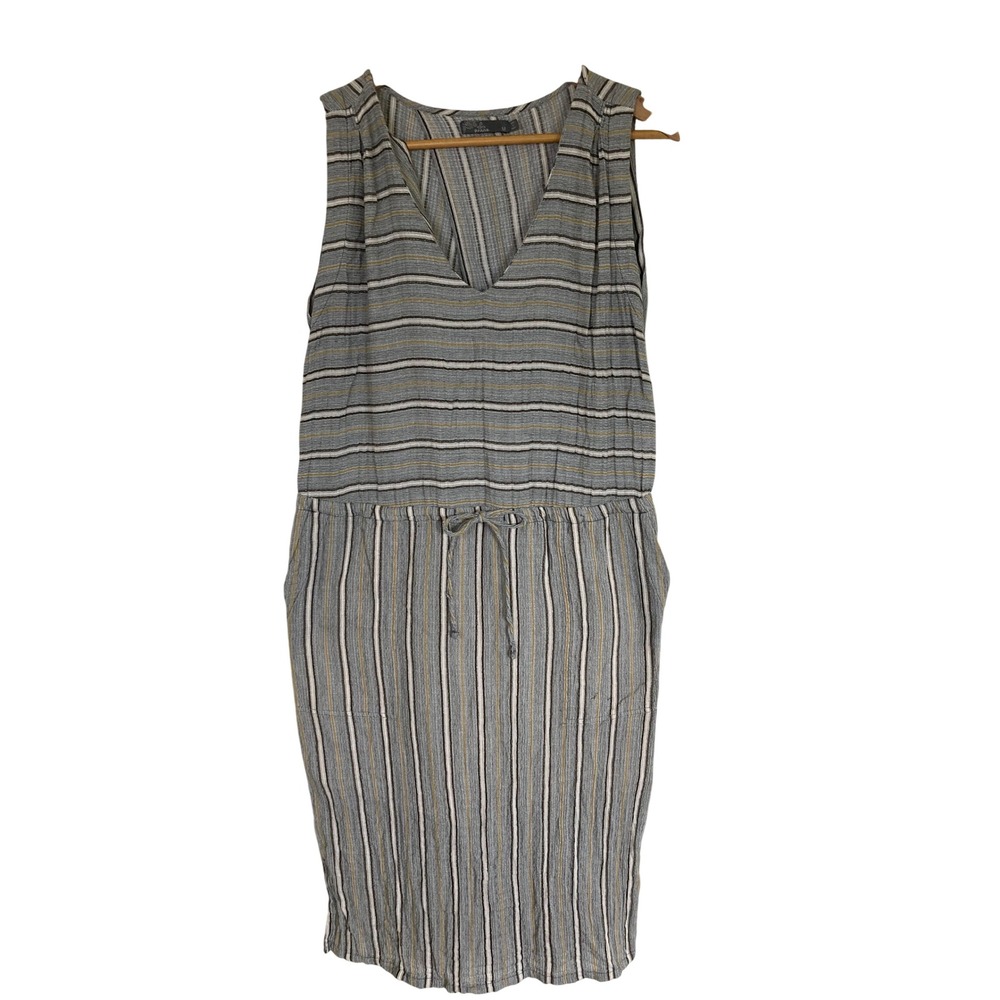 prAna Organic Cotton Striped V-Neck Sleeveless Dress Gray Mustard Medium